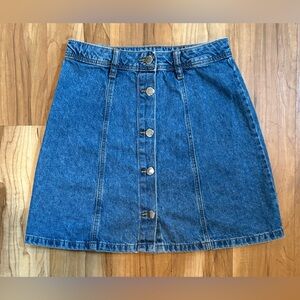 Divided H&M, High Waist A-Line Button Up Blue Denim Miniskirt, Size 2